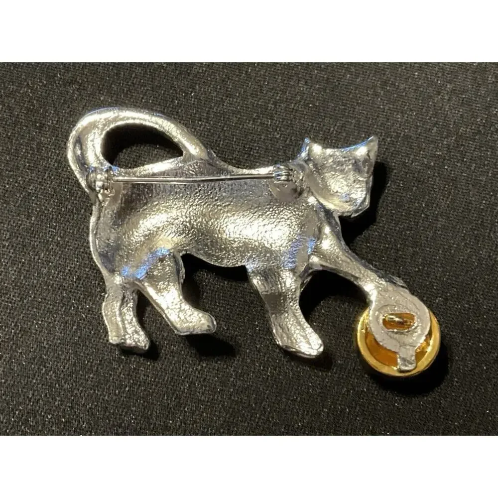 Vintage Gold & Silver Tone Cat Brooch W/ Gold Tone Ball